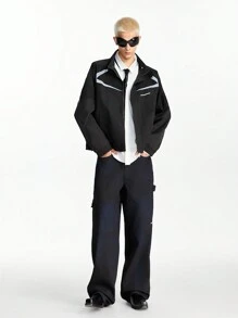 Manfinity VCAY Men's Street-Style Woven Panel Stand Collar Zip-Up Jacket, Suitable For Autumn/Winter - Black - View 11