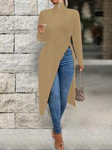 SHEIN LUNE Plus Size Solid Color Stand Collar Long Sleeve Split Hem Casual T-Shirt