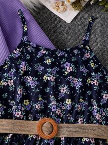 SHEIN Vintaside Kids Conjunto de 2 peças para meninas pré-adolescentes: jaqueta de cor sólida e vestido floral ditsy, primavera outono