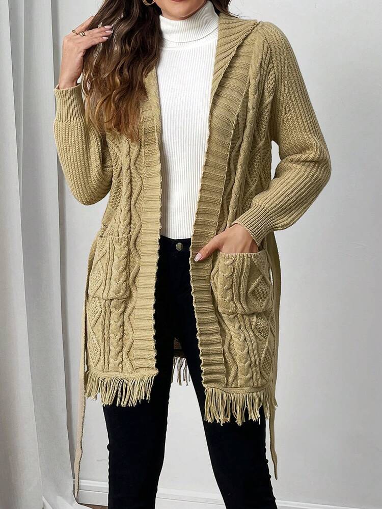 Women's Self-Tie Waist Textured Long Sleeve Collared Cardigan