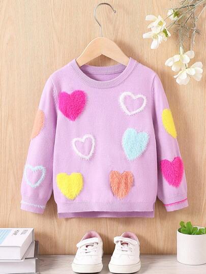 Suéter de cuello redondo de estilo europeo lindo y de moda de imitación de cachemira con corazón para niña, jersey de punto del otoño-invierno 2024