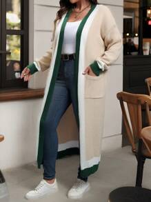 EMERY ROSE Plus Size Women's Colorblock Long Sleeve Pocket Casual Long Cardigan, Fall/Winter , Color Block