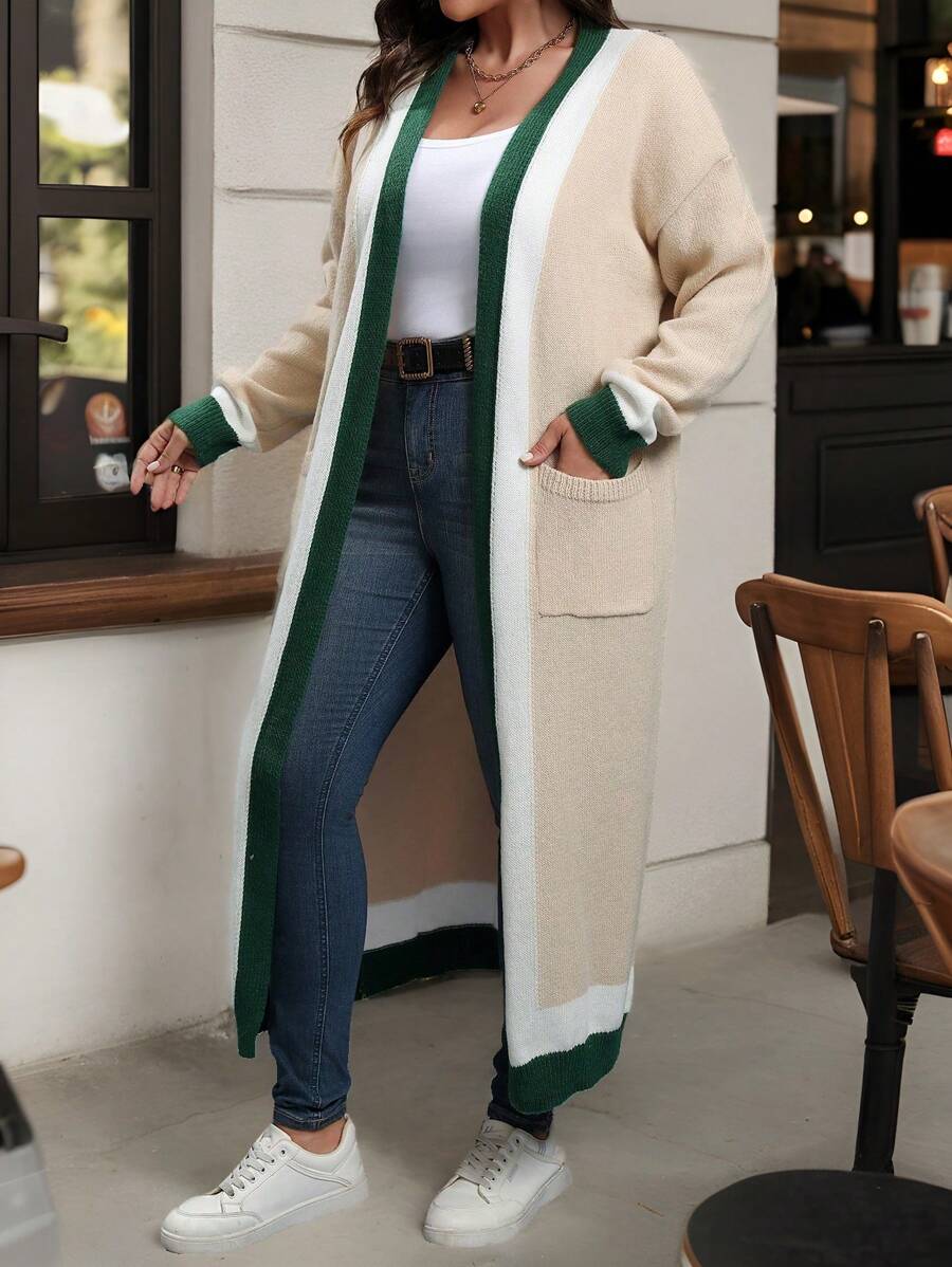 EMERY ROSE Plus Size Women's Colorblock Long Sleeve Pocket Casual Long Cardigan, Fall/Winter , Color Block