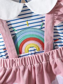 Baby Mädchen Set aus Langarm Top mit Regenbogen Stickerei, gestreift und Lätzchen Kleid - Pink - Übersicht 4