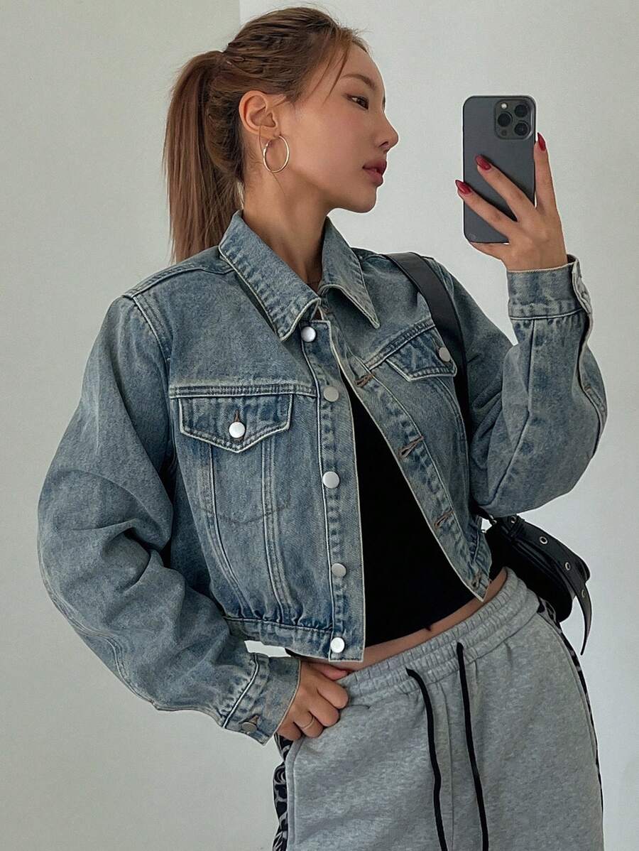 DAZY 女士短腰收腰牛仔夹克 - 中等水洗藍 - 查看 1