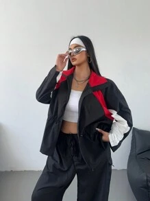 Flirla Chaqueta informal con contraste de color, cintura con cordón, talla grande, otoño