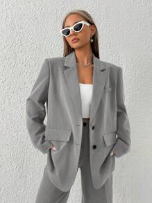 SHEIN EZwear 夏季服装 翻领翻领细节西装外套 - 灰色 - 查看 4