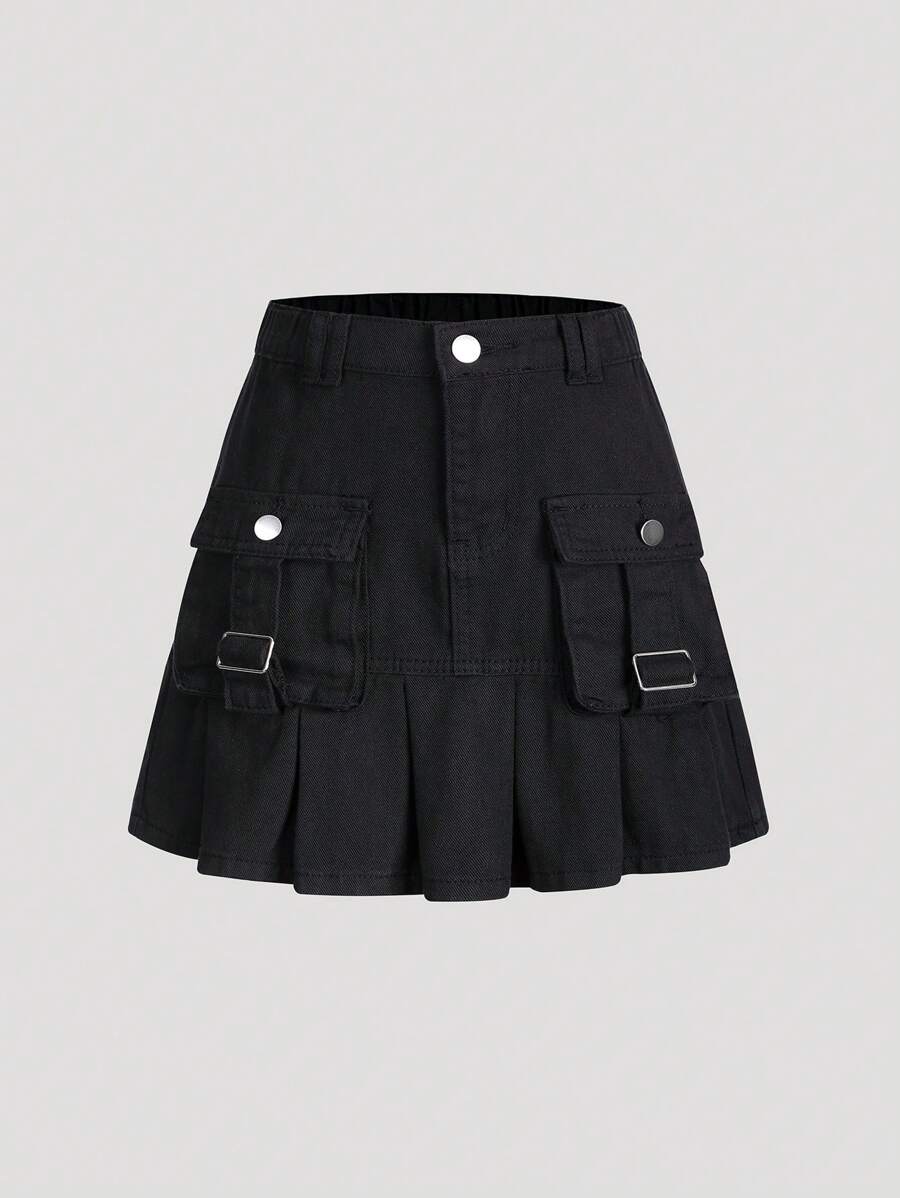 SHEIN Explorewe Tween Girl Summer Casual Denim Ruched Mini Skirt