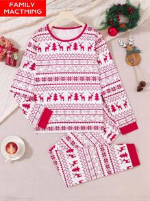 Teen Boy Christmas Pajamas Party Holiday Matching Family Pajamas Elk Fairisle All-Over Print Long Pants & Long Sleeve Homewear, Soft & Warm Fabrics, Family Gathering, Photo Shoot, Fall & Winter Christmas Decorations - Red and White - View 1