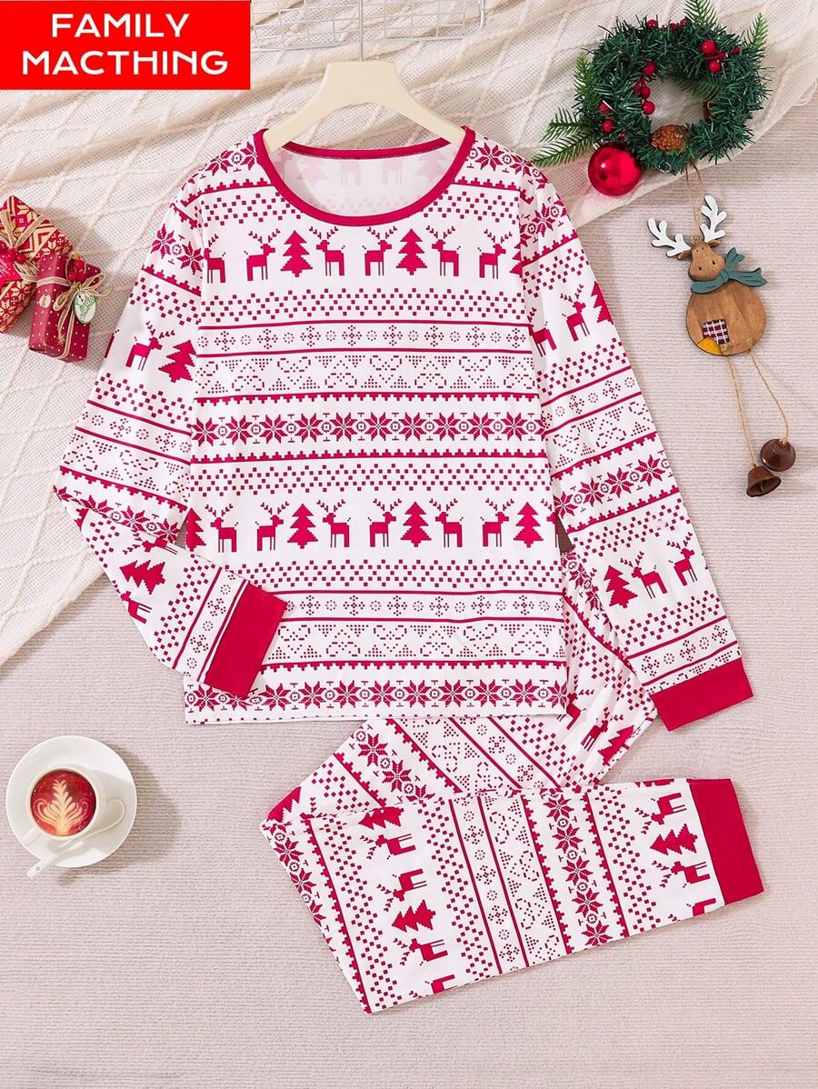 Teen Boy Christmas Pajamas Party Holiday Matching Family Pajamas Elk Fairisle All-Over Print Long Pants & Long Sleeve Homewear, Soft & Warm Fabrics, Family Gathering, Photo Shoot, Fall & Winter Christmas Decorations - Red and White - View 1