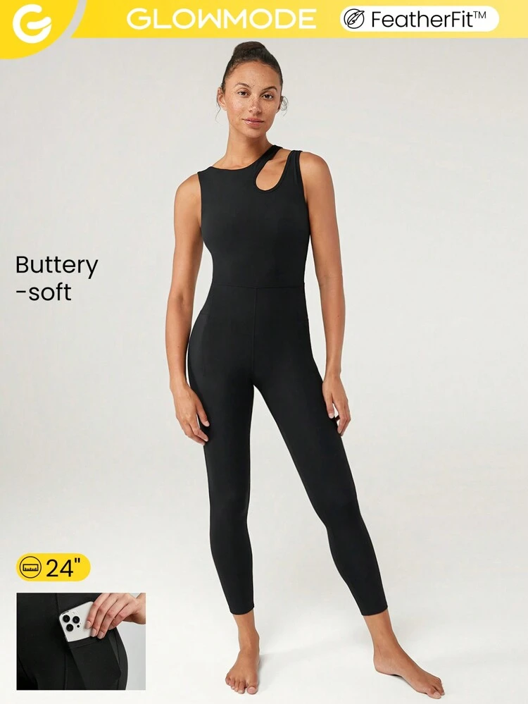 24" FeatherFit™ Keep It Sleek Asymmetric Cut-Out Jumpsuit Bodysuit Low Impact Yoga Pilates Daily