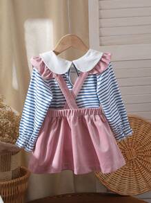 Baby Mädchen Set aus Langarm Top mit Regenbogen Stickerei, gestreift und Lätzchen Kleid - Pink - Übersicht 2