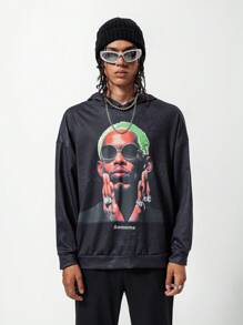 SHEIN 青少年男童休闲时尚人像图案长袖卫衣 - 黑色 - 查看 6