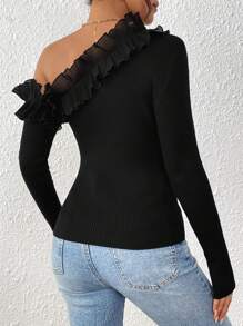 SHEIN Clasi Jersey de manga larga con hombro asimétrico y ribete de volantes para mujer, color negro