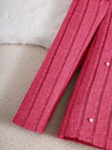 SHEIN Young Girl Fuzzy Knit Ribbed Raglan Sleeve T-Shirt With Pearl Decor, Fall (9) & Winter (2) - Hot Pink - View 5