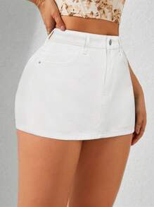 SHEIN Privé Plain Front Button Casual Denim Shorts - White - View 4