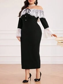 Modelyn Đầm dạ hội dài tay loe hở vai ren tương phản cỡ lớn cho nữ - Đen và trắng - Xem 5