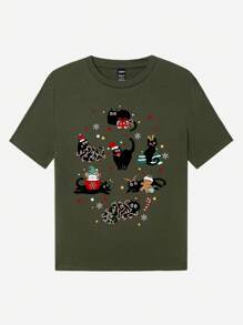 SHEIN LUNE Camiseta holgada de manga corta y cuello redondo con gráfico de gato lindo para mujer, adecuada para el verano y la Navidad, hecha de algodón - Verde militar - Ver 5