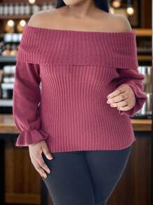 SHEIN Clasi Pulover casual cu umeri goi, culoare solidă, mărime mare, model pliabil, pulover tricotat de primăvară și toamnă, toamnă și iarnă - Burgundia - Vizualizare 3
