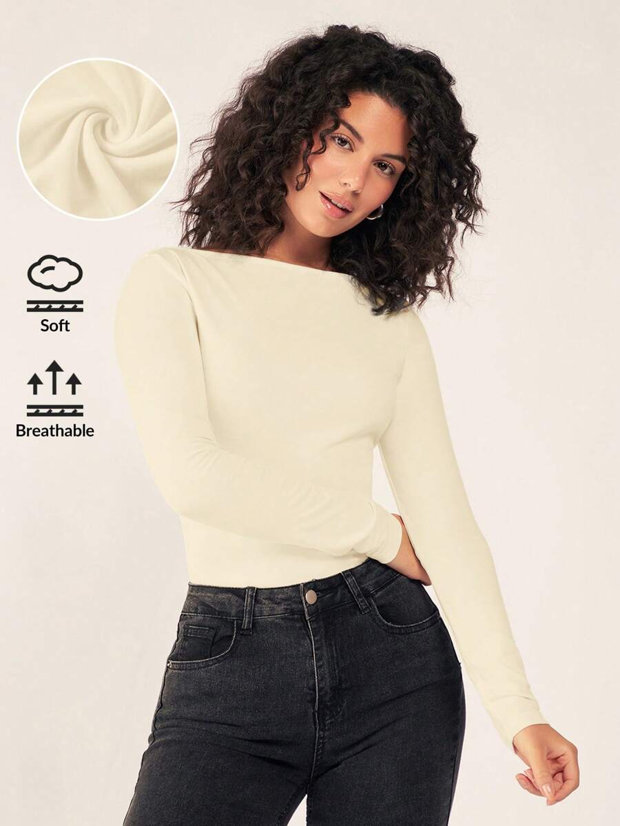 SHEIN BASICS 女士纯色简约日常圆领长袖 T 恤 - 杏色 - 查看 1