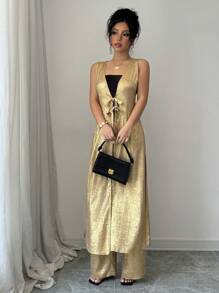 Chiquease 女式无袖前系带短款上衣和裤子套装，适合新年节日聚会服装 - 金色 - 查看 4