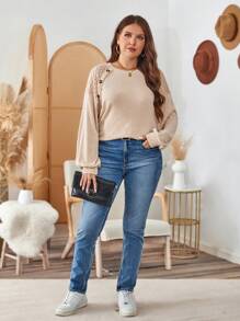 SHEIN LUNE 大码女式撞色蕾丝长袖休闲圆领 T 恤，春秋季女式上衣黑色衬衫秋装旅行装机场感恩节装节日装 - 米色 - 查看 5