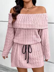 SHEIN LUNE 大码女式粉色连帽露肩系腰麻花针织休闲宽松中长连衣裙 - 粉色 - 查看 1