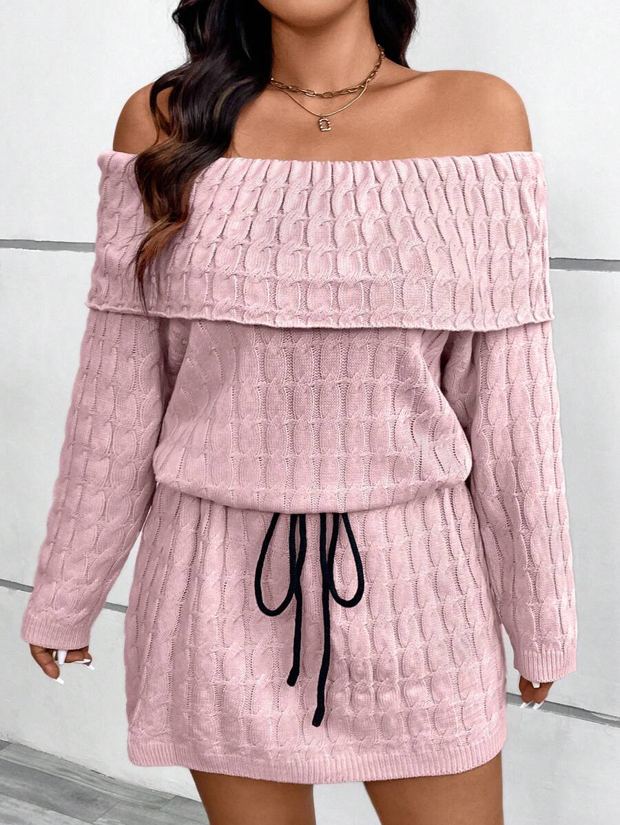 SHEIN LUNE 大码女式粉色连帽露肩系腰麻花针织休闲宽松中长连衣裙 - 粉色 - 查看 1