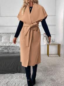 SHEIN Clasi Women's Solid Color Turndown Collar Double Pocket Long Sleeve Casual Coat, Autumn Winter - Camel - View 5