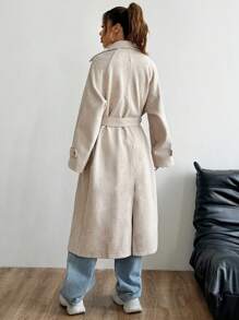 SHEIN Unity 女士纯色缺口领双排扣长款休闲针织外套，秋冬，女士冬季休闲腰带，双纽扣，口袋常规袖翻领宽松杏色纯色女式大衣，休闲日常穿着 - 杏色 - 查看 2