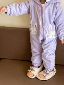 SHEIN Baby Girl Cute Rabbit Pattern Hooded Jumpsuit, Pink - Pink - View 4