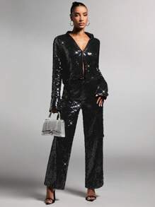 SHEIN BAE Quần ống đứng sequin thời trang nữ - màu đen - Xem 4