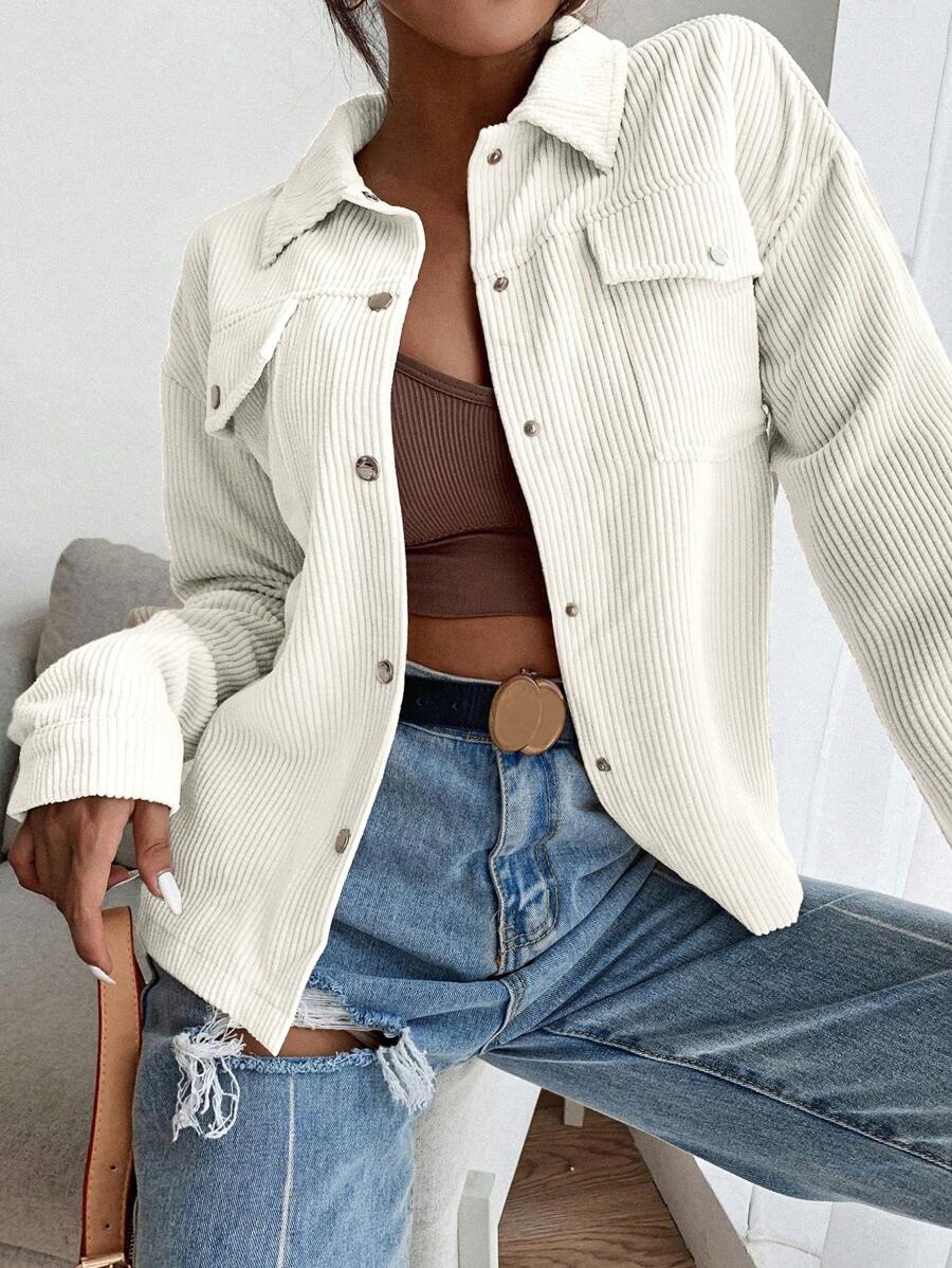 SHEIN EZwear Áo khoác nhung kẻ túi cài nút phía trước màu mơ - trắng - Xem 1