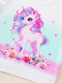 SHEIN Bộ đồ thường ngày họa tiết kỳ lân cho bé gái gồm 2 món áo nỉ dài tay và quần, mùa xuân và mùa thu - Nhiều màu - Xem 3