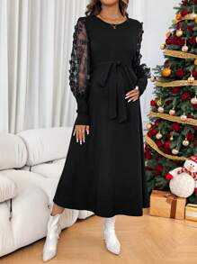SHEIN Maternity Solid Color Patchwork Long Sleeve Simplistic Maxi Casual Dress
