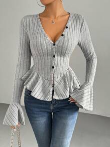 Chiquease Bell Sleeve & Ruffle Design Casual T-Shirt, Spring Autumn - Light Grey - View 6