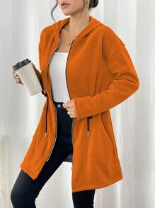 SHEIN LUNE Women Autumn/Winter Drawstring Waist Loose Casual Hooded Jacket