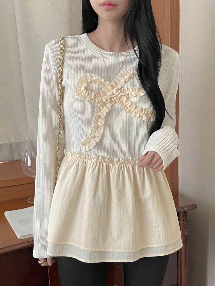 Women's Spring/Autumn Long Sleeve Crew Neck Knit Top With Bowknot Decor And Ruffle Hem