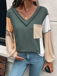 SHEIN LUNE 女士拼色 V 领长袖休闲宽松 T 恤，春夏图案 T 恤女士上衣，适合春季穿着