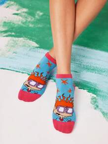 Nick 90s X SHEIN 3pairs Women's Cartoon Character Color Block Ankle Socks