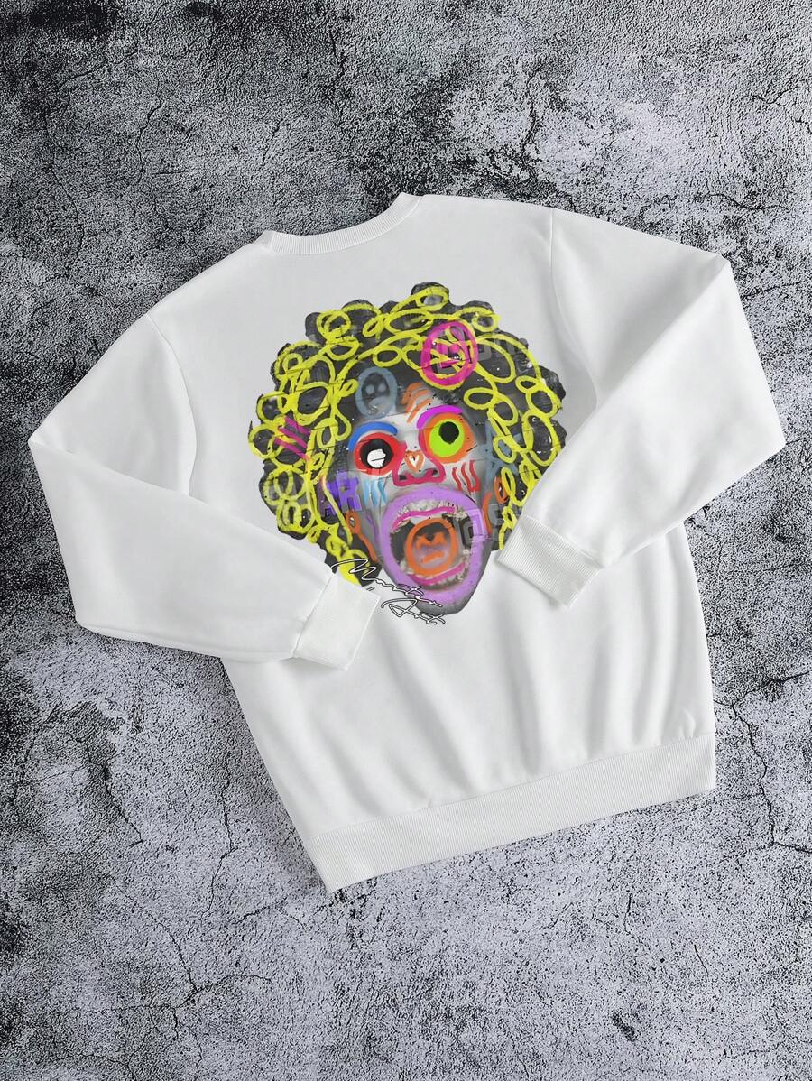Men's Cartoon Print Crew Neck Long Sleeve Sweatshirt - White - View 1