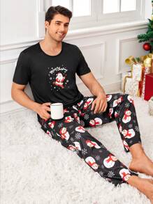CoupledUp Santa Claus & Snowman Graphic Print Cute Christmas Men's Pajama Set - Multicolor - View 5
