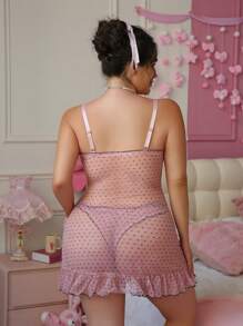 PetitDoll Vestido camisero sexy con volantes, lunares y pantis de tanga, lencería de talla grande