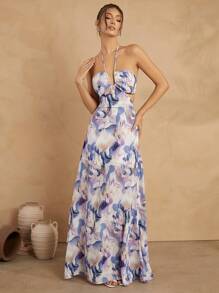 L'Amorae 女士全印花露背休闲度假无袖连衣裙 - 紫色 - 查看 4