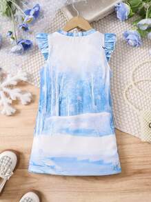 SHEIN Young Girl Blue Casual Cute Cartoon Frozen Princess Cap Sleeve Comfortable Breathable Printed T-Shirt Dress