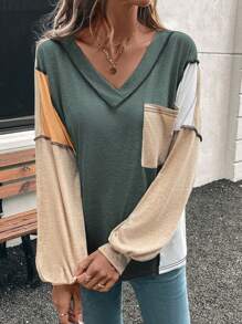 SHEIN LUNE 女士拼色 V 领长袖休闲宽松 T 恤，春夏图案 T 恤女士上衣，适合春季穿着