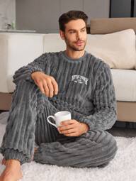 SHEIN Men's Dark Gray Letter Embroidered Striped Plush 2pcs Set Warm Pants & Long Sleeve Pajamas, Fall/Winter Clothes