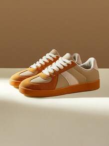 CUCCOO EASI Women's Fashion Retro Casual Athletic Sneakers With Geometric Design, Lace-Up Round Toe Low-Top Slip-On Skateboard Shoes, Suitable For Daily Life, Vacation, And All-Season Wear Fall Tainers