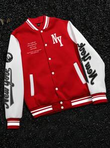 Manfinity LEGND Men's Solid Color Patchwork Front Button Long Sleeve Letter Print Casual Baseball Jacket, Red Varsity Jacket, New York Baseball Jacket, Red And White Baseball Jacket, For Fall