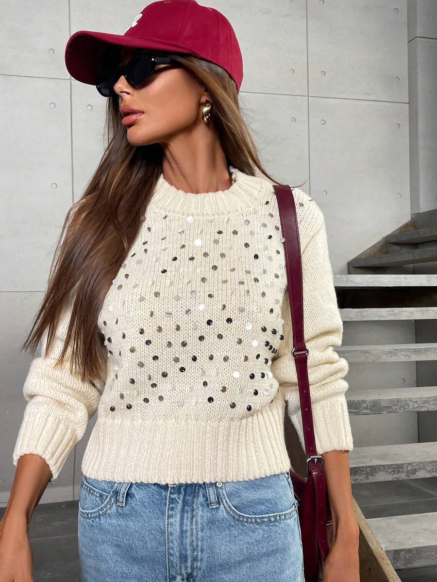 Femmeiva Women's Loose Sequined Pullover Sweater, Autumn/Winter, Knit Pullover Fall - Beige - View 1
